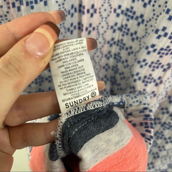 SUNDRY Coral Pink Blue Grey Colorblock Stitch Geo-Stripe Tunic Top NEW - Picture 10 of 11